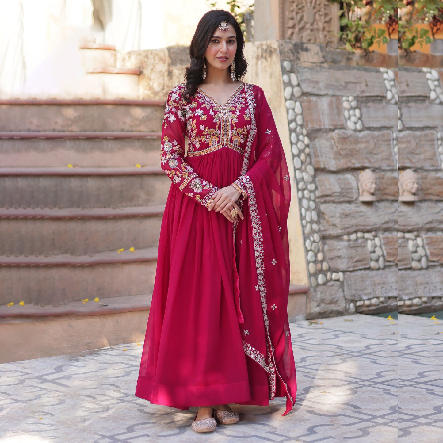 Basanti Pink Faux Blooming Embroidered Gown With Dupatta