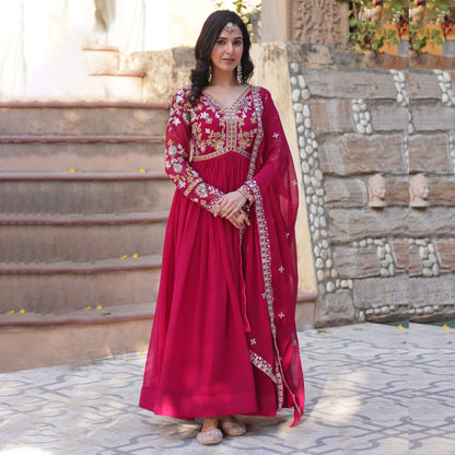 Basanti Pink Faux Blooming Embroidered Gown With Dupatta
