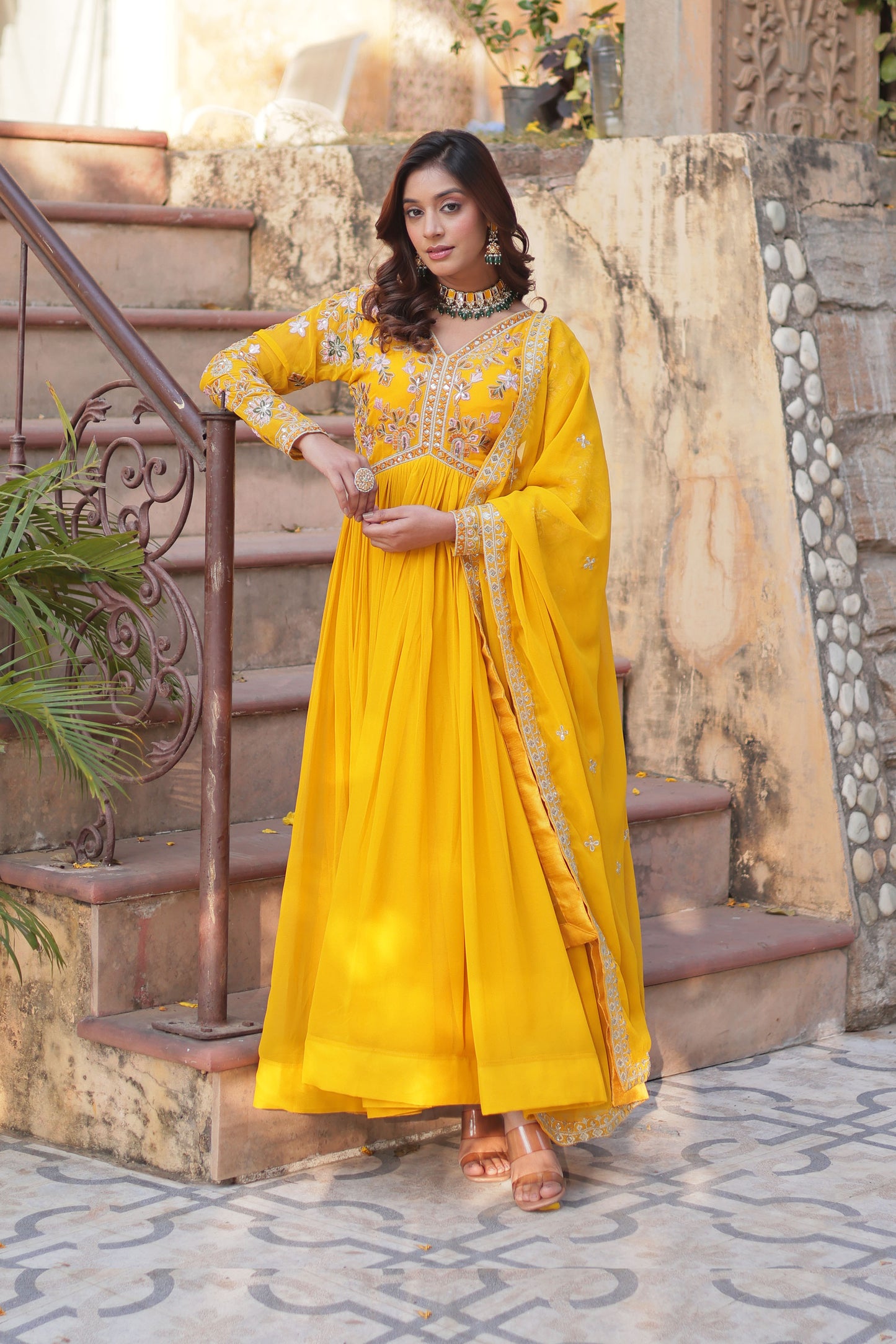 Basanti Yellow Faux Blooming Embroidered Gown With Dupatta