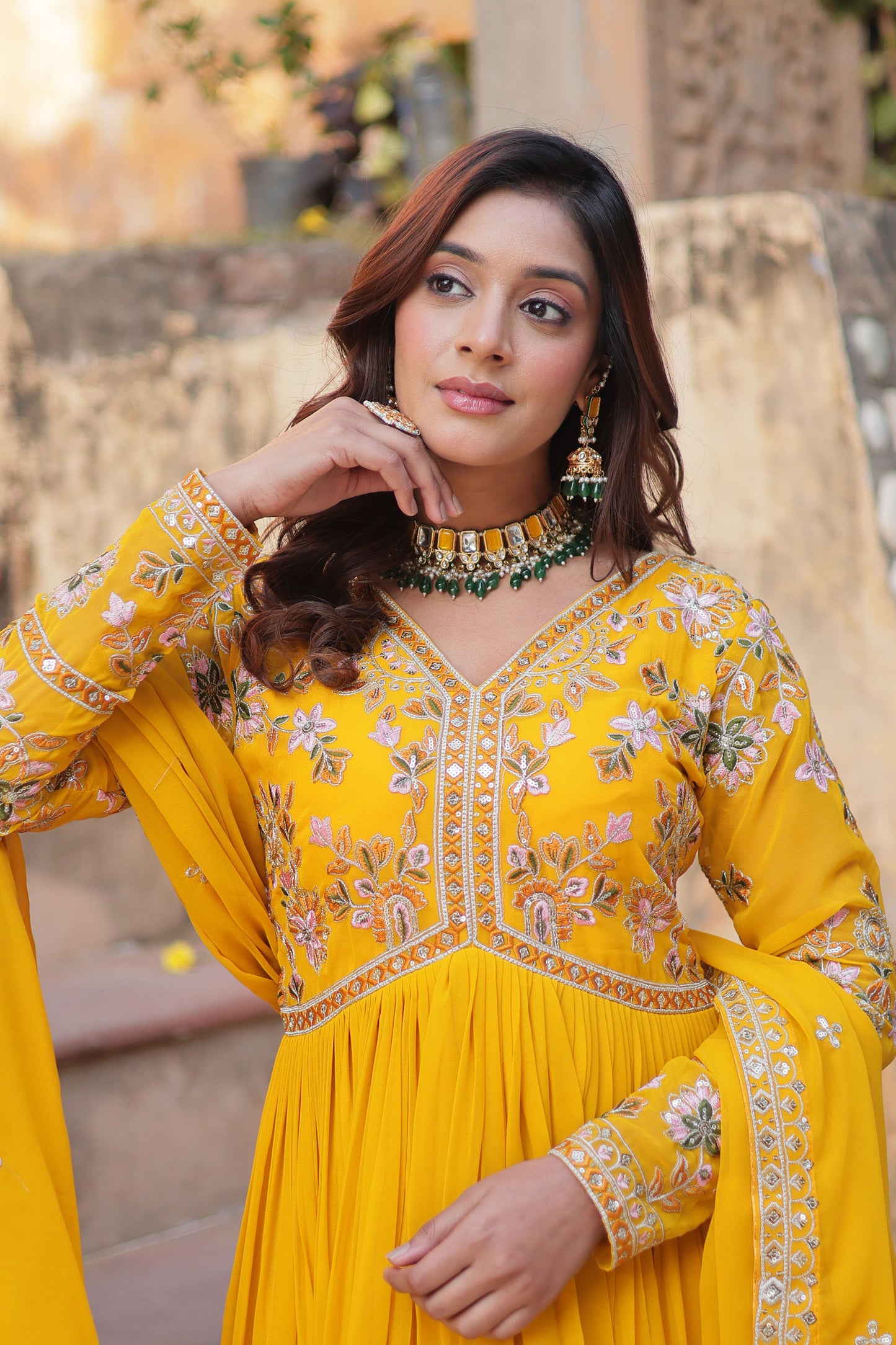 Basanti Yellow Faux Blooming Embroidered Gown With Dupatta