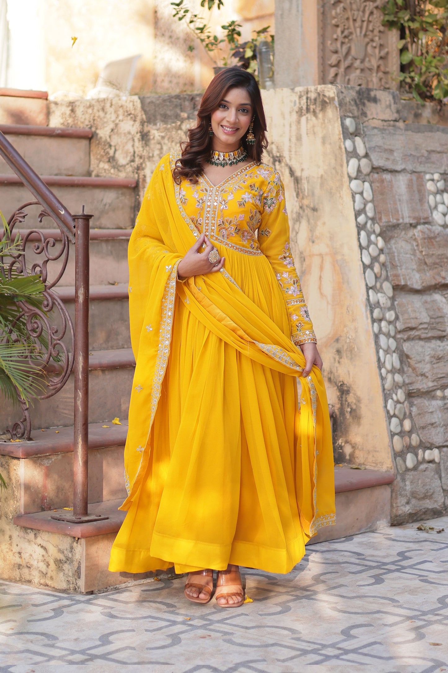 Basanti Yellow Faux Blooming Embroidered Gown With Dupatta