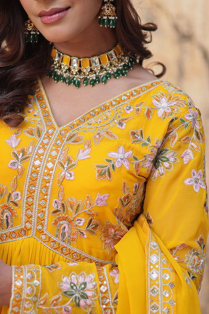 Basanti Yellow Faux Blooming Embroidered Gown With Dupatta