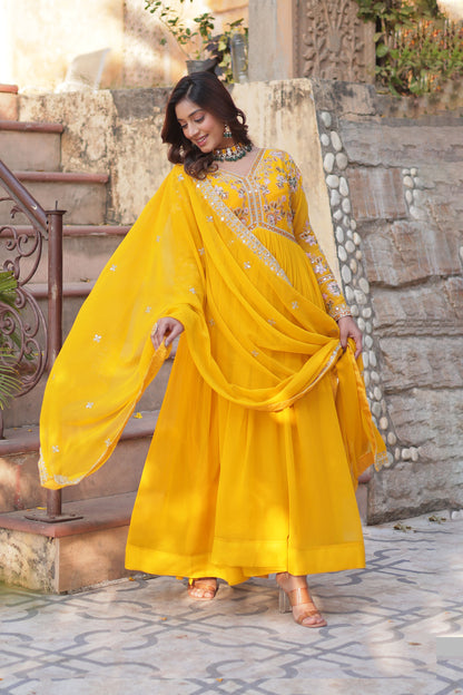 Basanti Yellow Faux Blooming Embroidered Gown With Dupatta