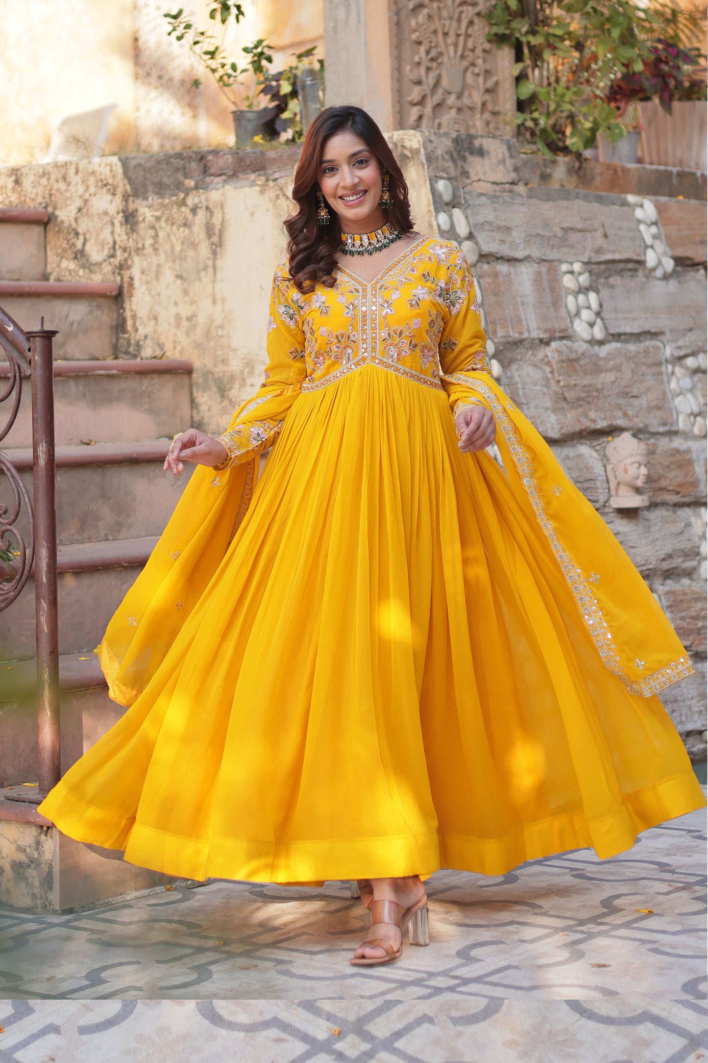 Basanti Yellow Faux Blooming Embroidered Gown With Dupatta