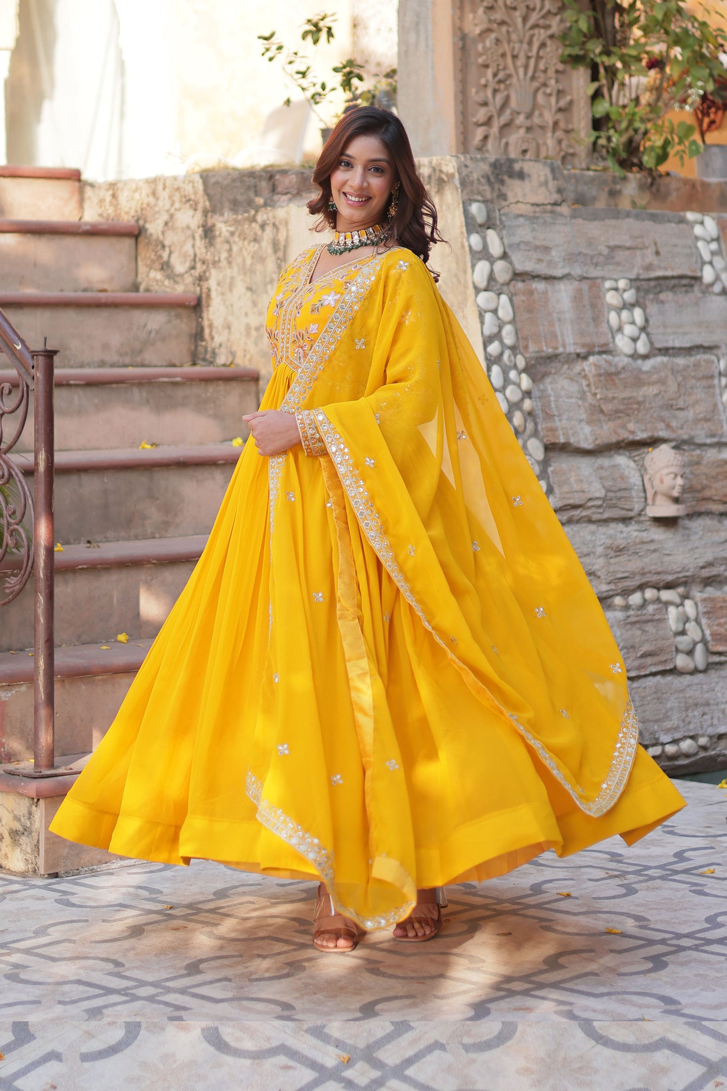 Basanti Yellow Faux Blooming Embroidered Gown With Dupatta