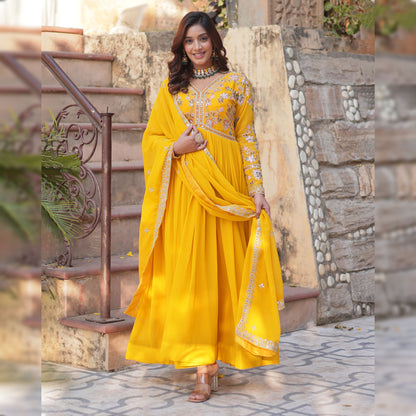 Basanti Yellow Faux Blooming Embroidered Gown With Dupatta