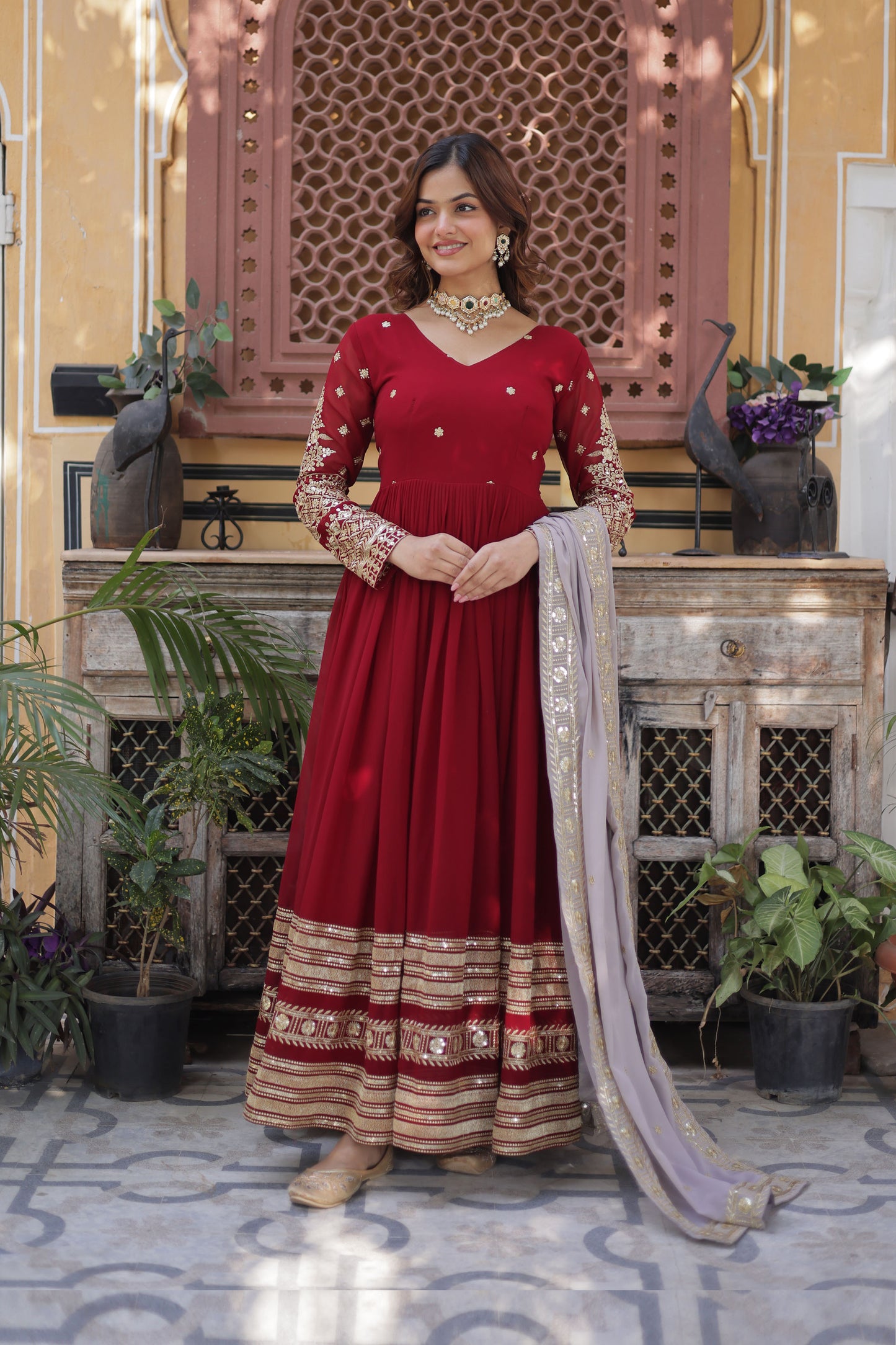 Ruhveen Maroon Faux Blooming Embroidered Gown With Dupatta
