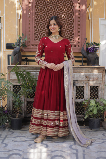 Ruhveen Maroon Faux Blooming Embroidered Gown With Dupatta