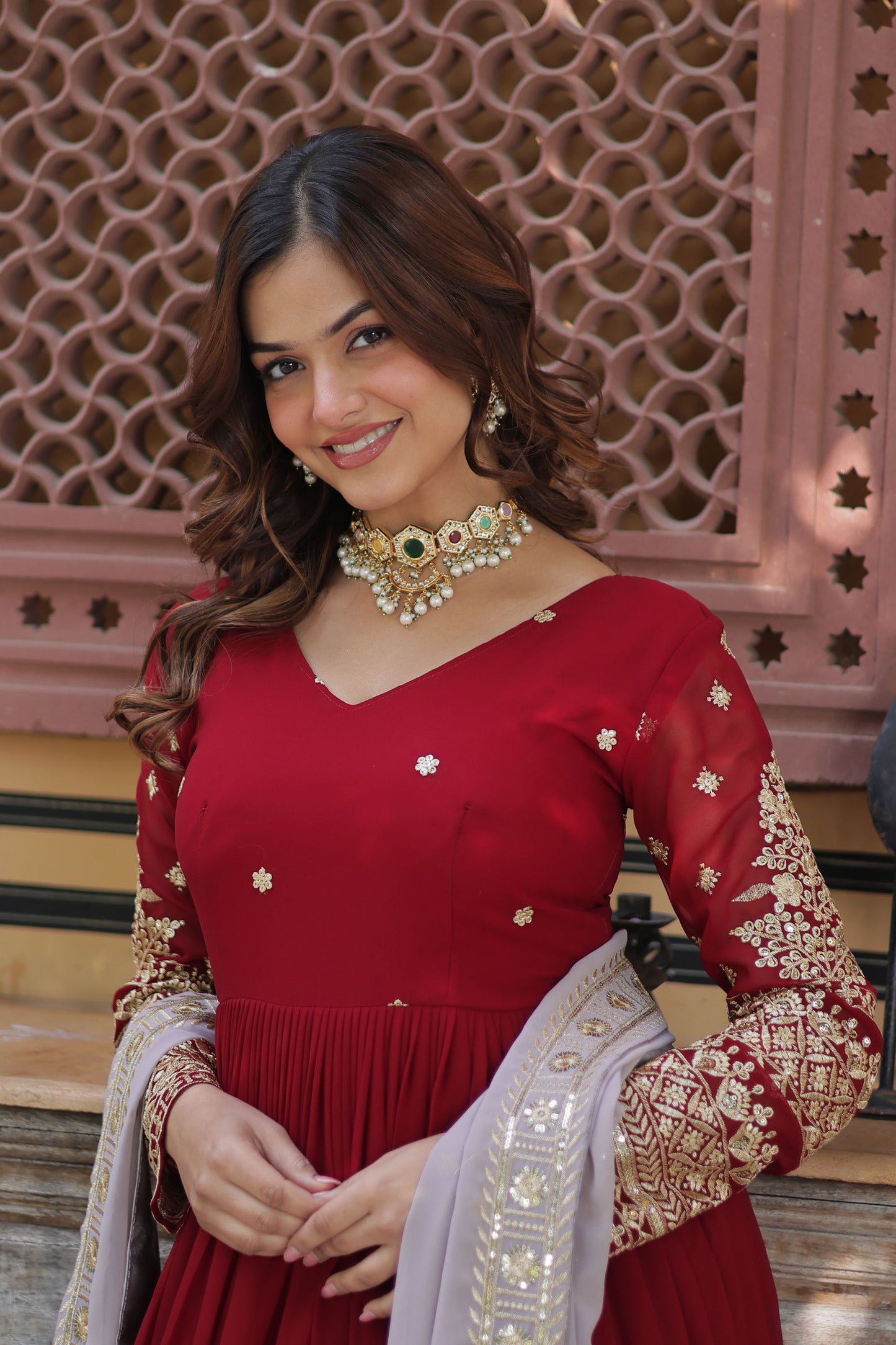 Ruhveen Maroon Faux Blooming Embroidered Gown With Dupatta