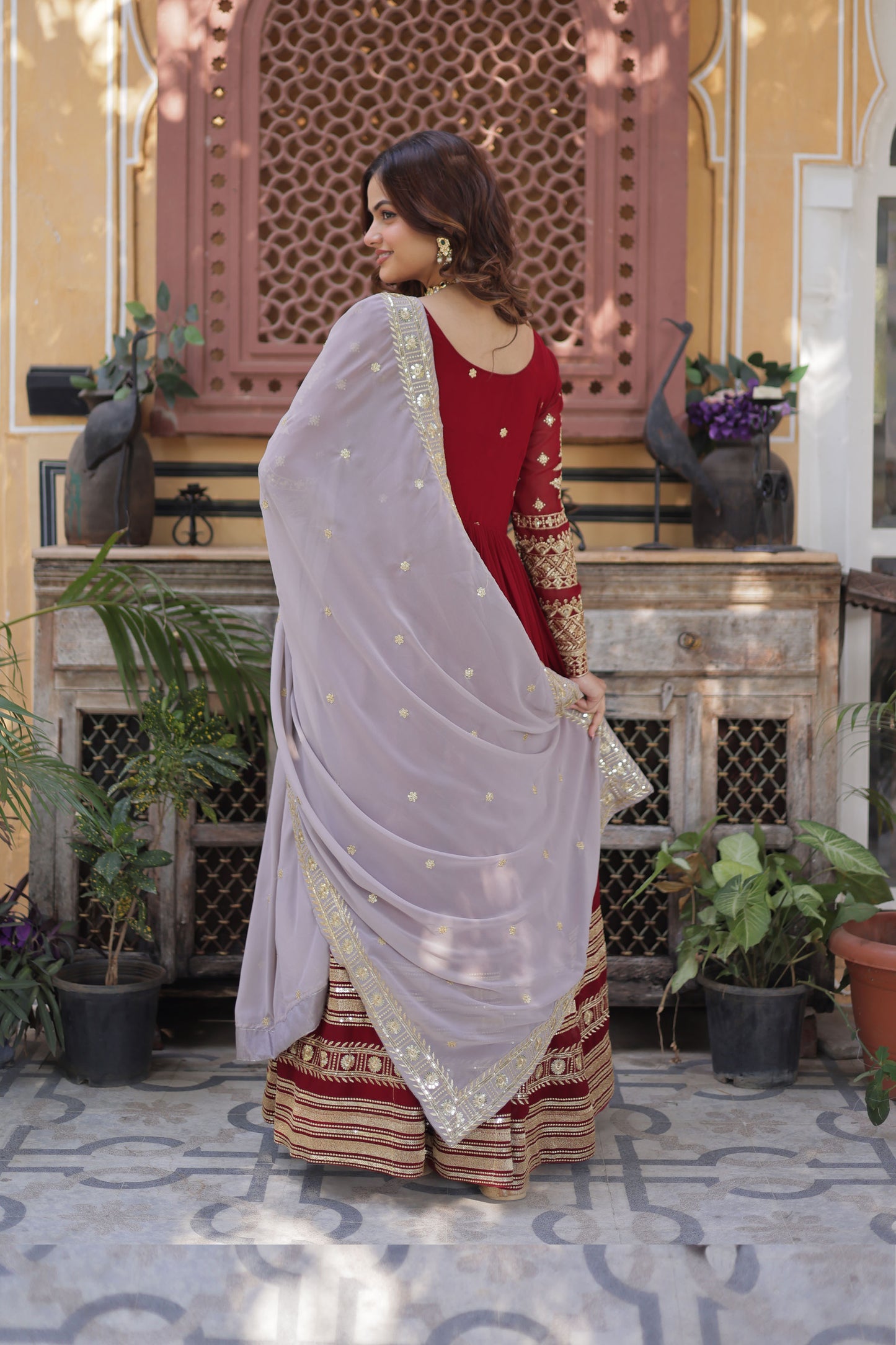 Ruhveen Maroon Faux Blooming Embroidered Gown With Dupatta