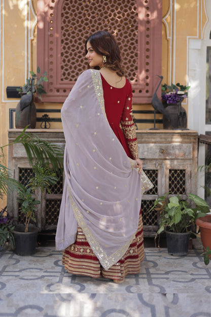 Ruhveen Maroon Faux Blooming Embroidered Gown With Dupatta