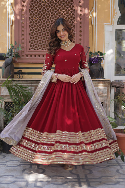 Ruhveen Maroon Faux Blooming Embroidered Gown With Dupatta