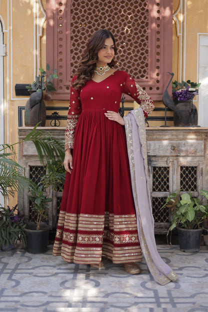 Ruhveen Maroon Faux Blooming Embroidered Gown With Dupatta