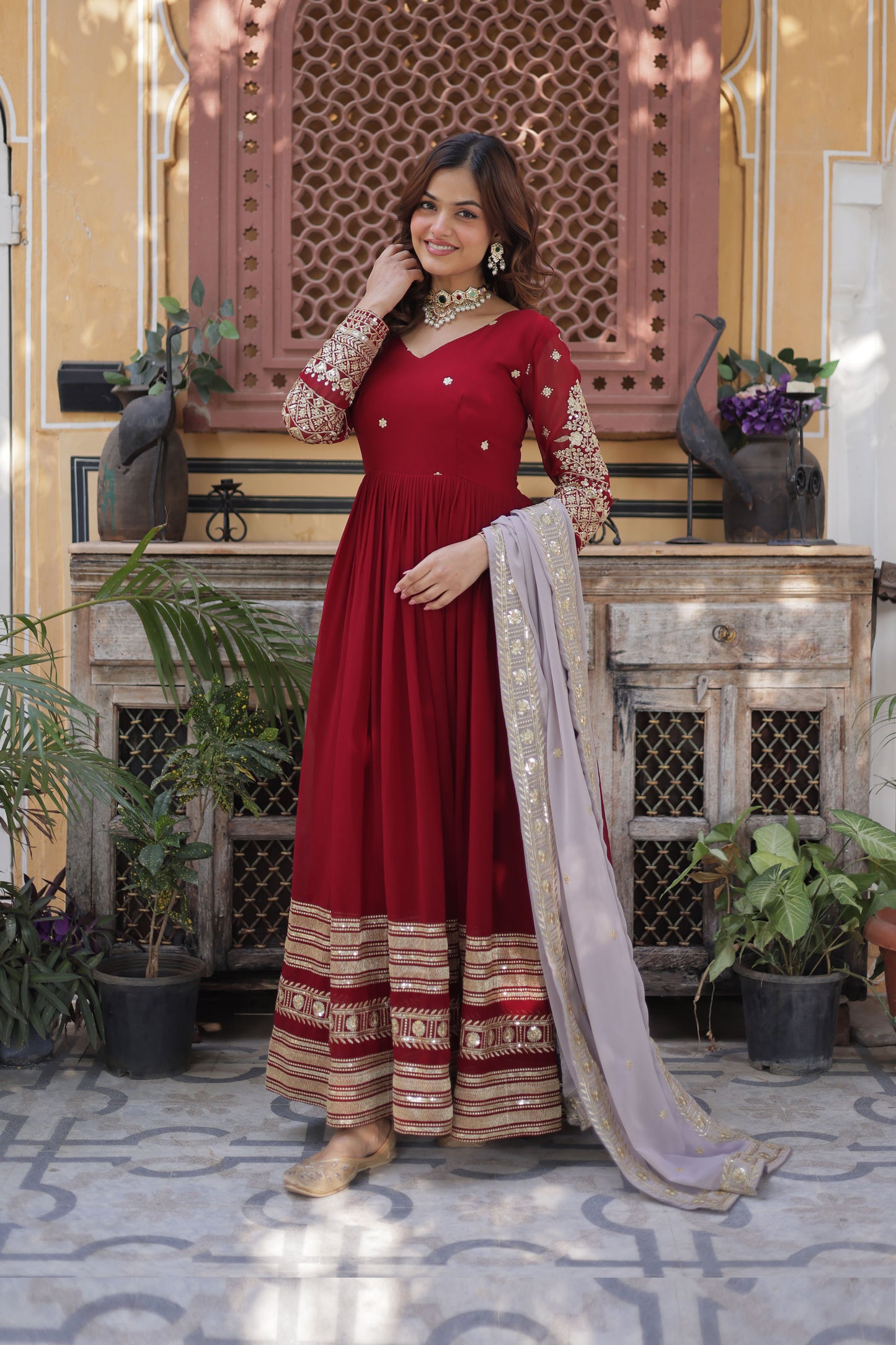 Ruhveen Maroon Faux Blooming Embroidered Gown With Dupatta