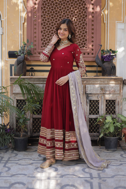Ruhveen Maroon Faux Blooming Embroidered Gown With Dupatta