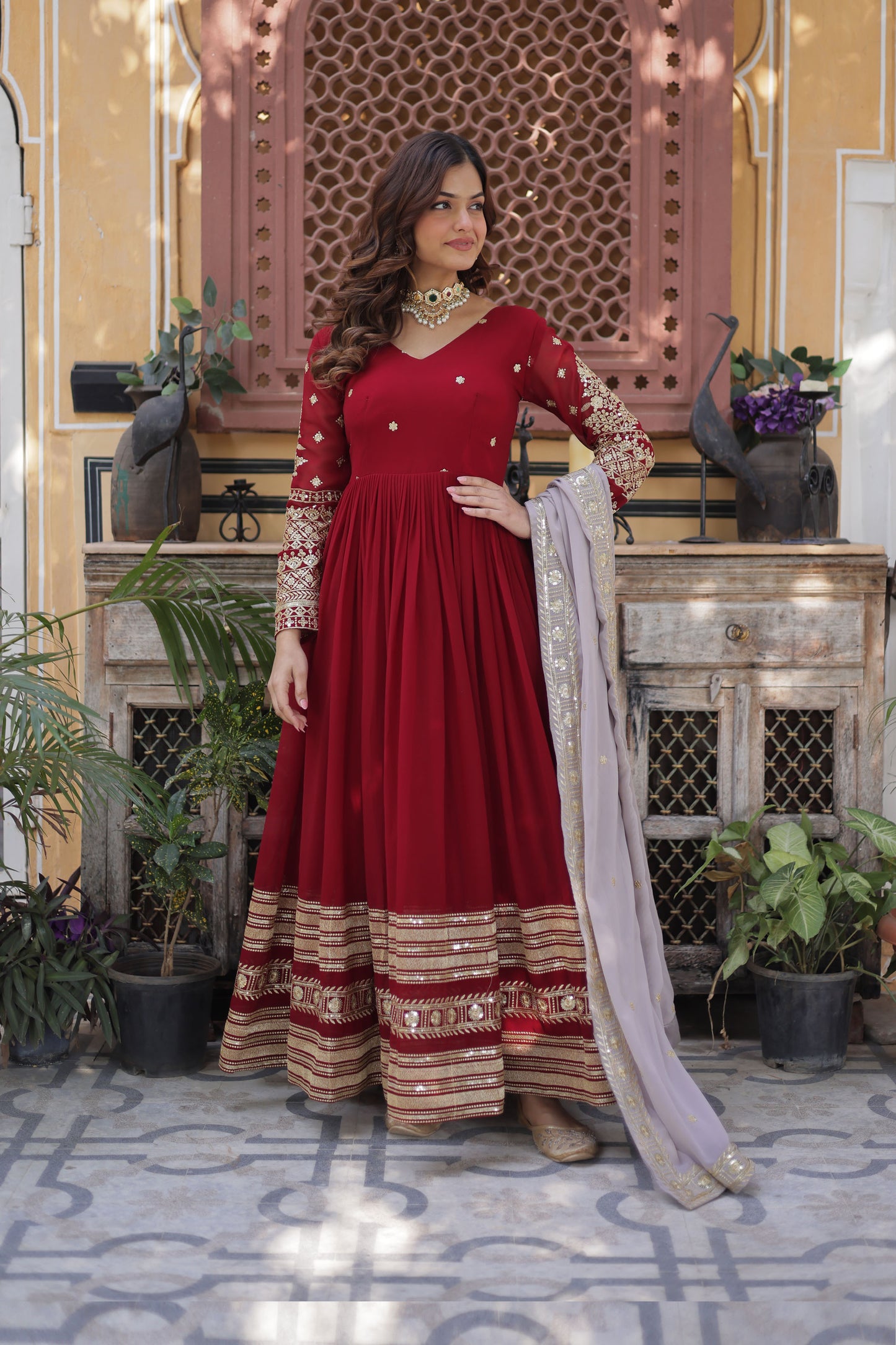 Ruhveen Maroon Faux Blooming Embroidered Gown With Dupatta