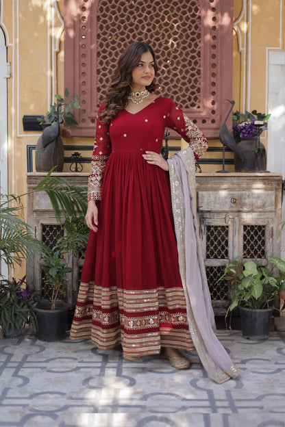 Ruhveen Maroon Faux Blooming Embroidered Gown With Dupatta