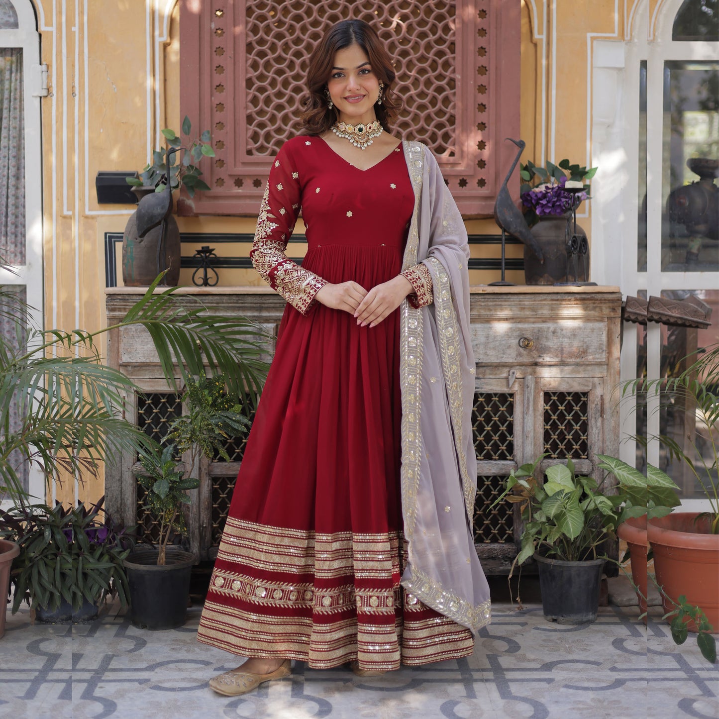 Ruhveen Maroon Faux Blooming Embroidered Gown With Dupatta
