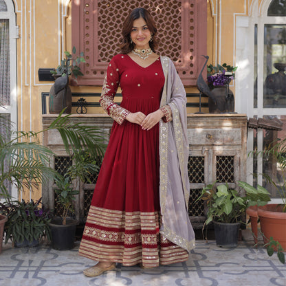 Ruhveen Maroon Faux Blooming Embroidered Gown With Dupatta