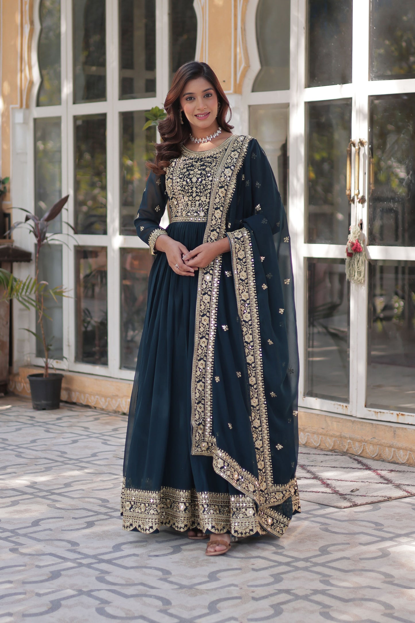 Nazeera Rama Faux Blooming Embroidered Gown With Dupatta