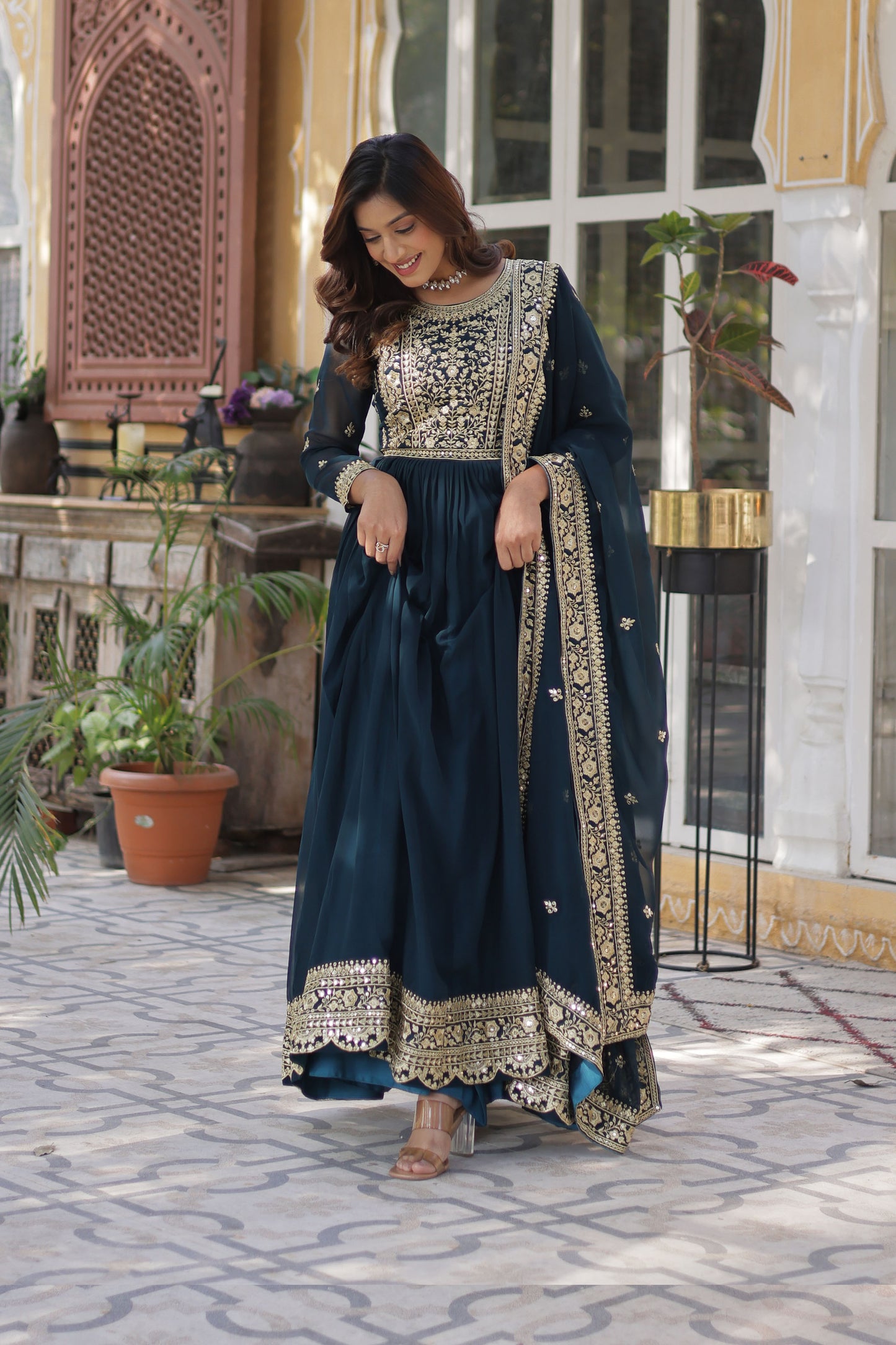 Nazeera Rama Faux Blooming Embroidered Gown With Dupatta