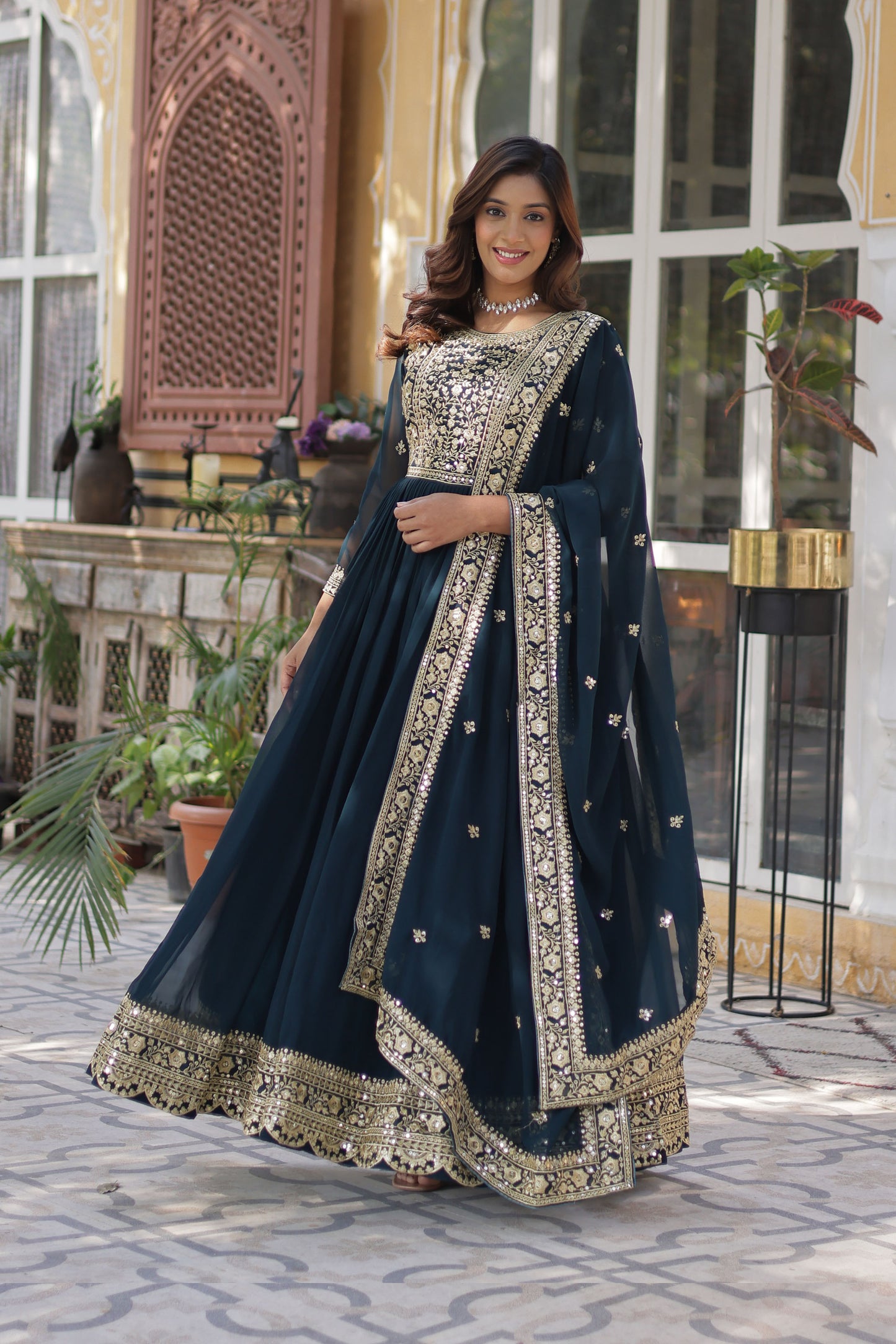 Nazeera Rama Faux Blooming Embroidered Gown With Dupatta