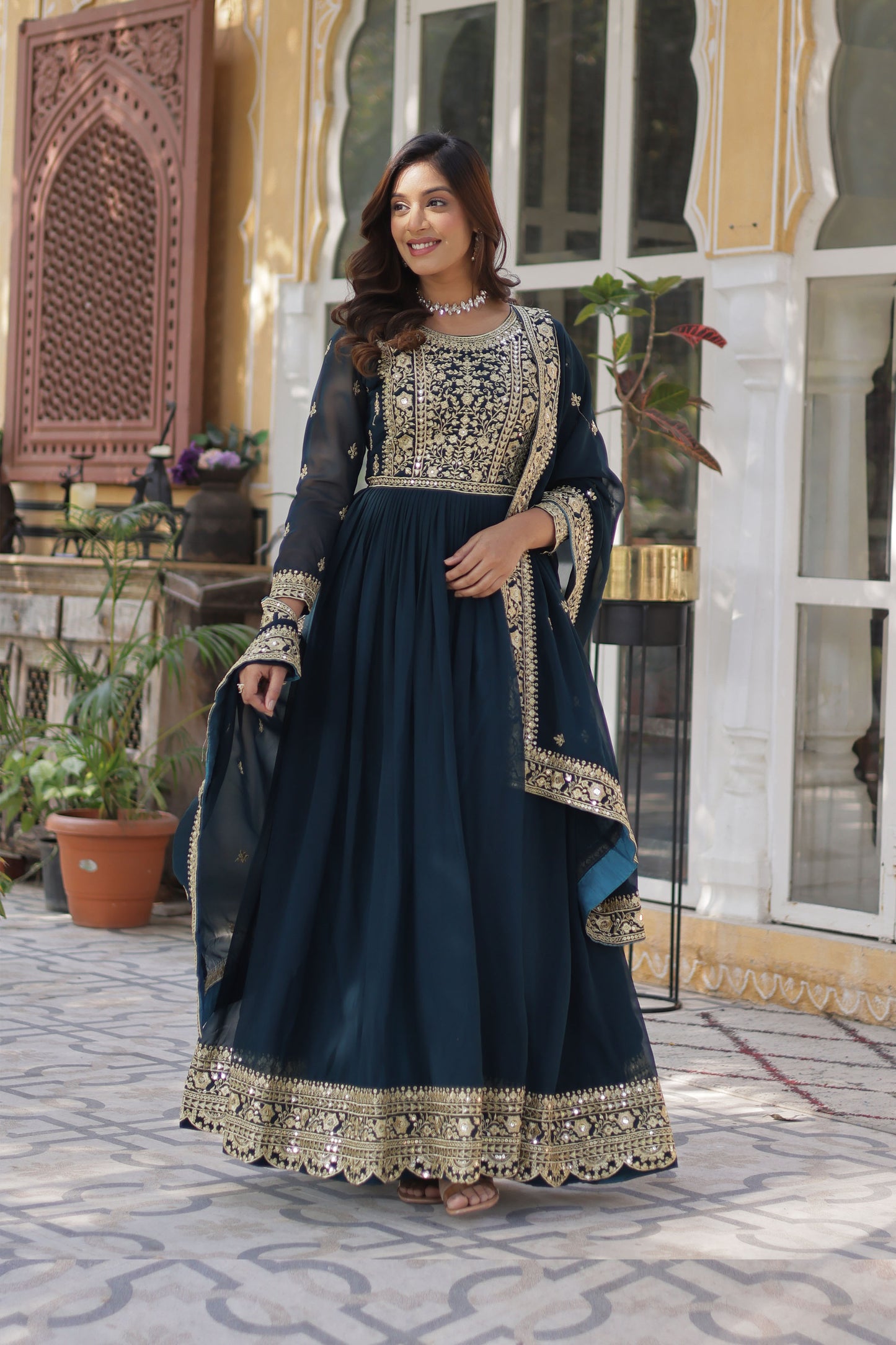 Nazeera Rama Faux Blooming Embroidered Gown With Dupatta
