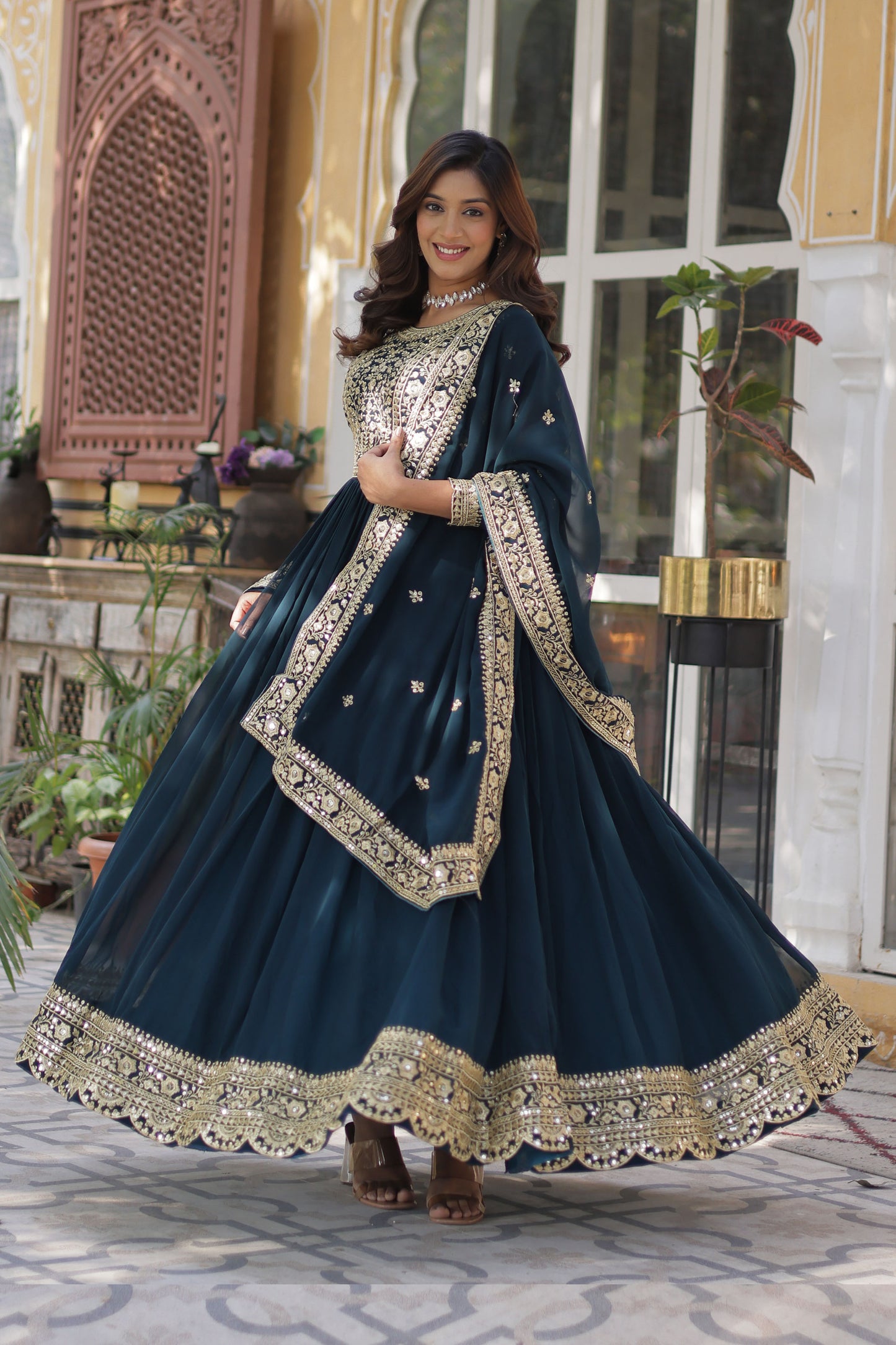 Nazeera Rama Faux Blooming Embroidered Gown With Dupatta