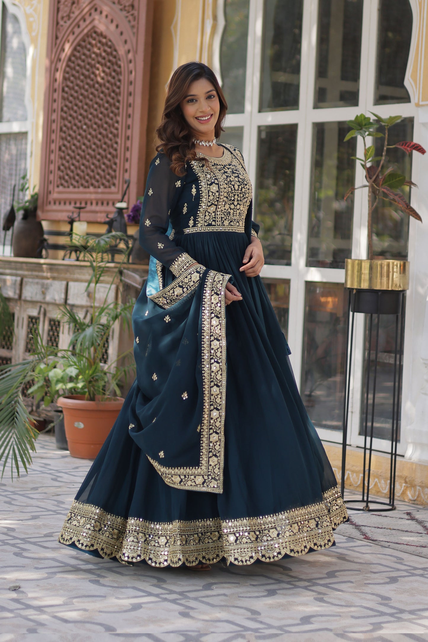 Nazeera Rama Faux Blooming Embroidered Gown With Dupatta