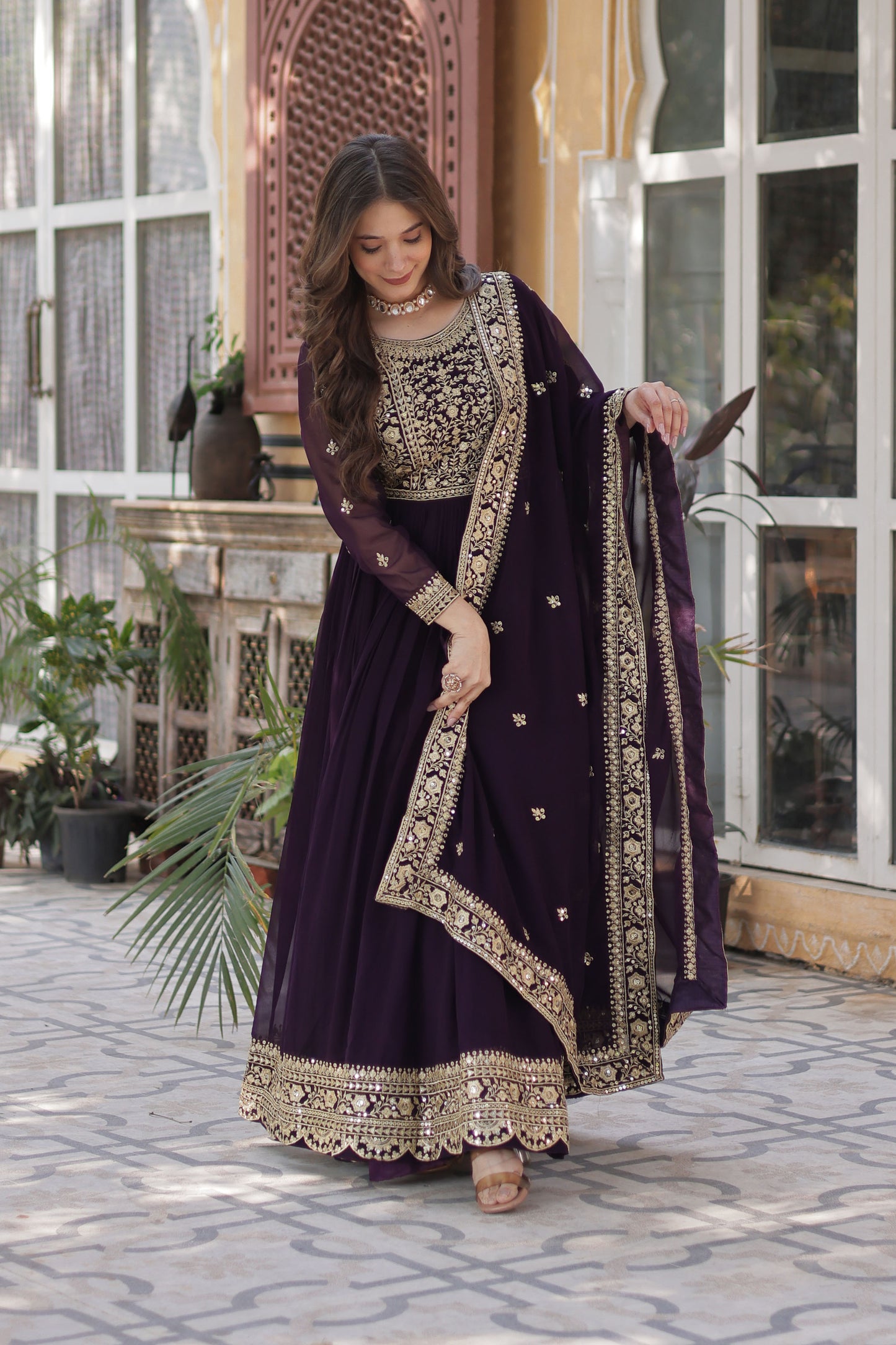 Nazeera Wine Faux Blooming Embroidered Gown With Dupatta