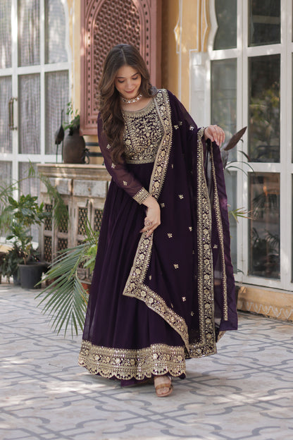 Nazeera Wine Faux Blooming Embroidered Gown With Dupatta