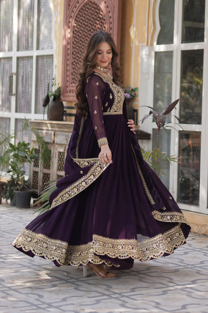 Nazeera Wine Faux Blooming Embroidered Gown With Dupatta