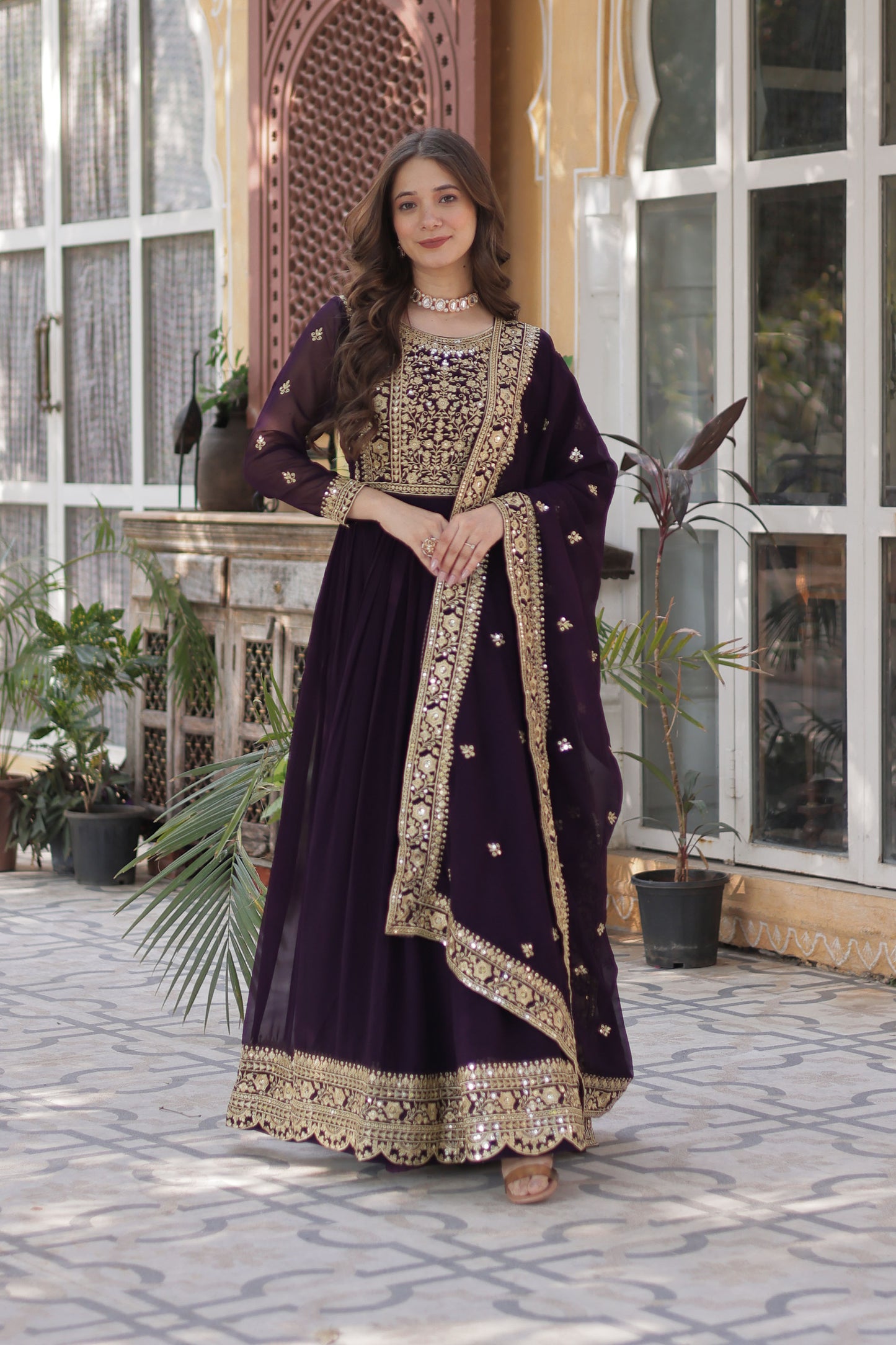 Nazeera Wine Faux Blooming Embroidered Gown With Dupatta