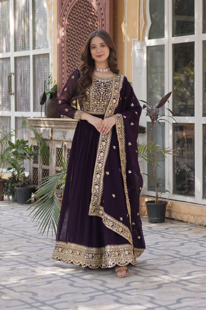 Nazeera Wine Faux Blooming Embroidered Gown With Dupatta