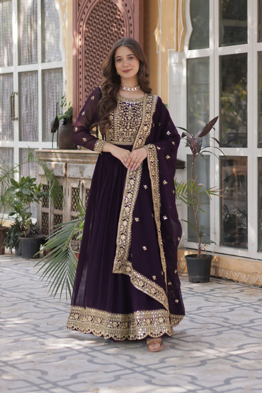 Nazeera Wine Faux Blooming Embroidered Gown With Dupatta