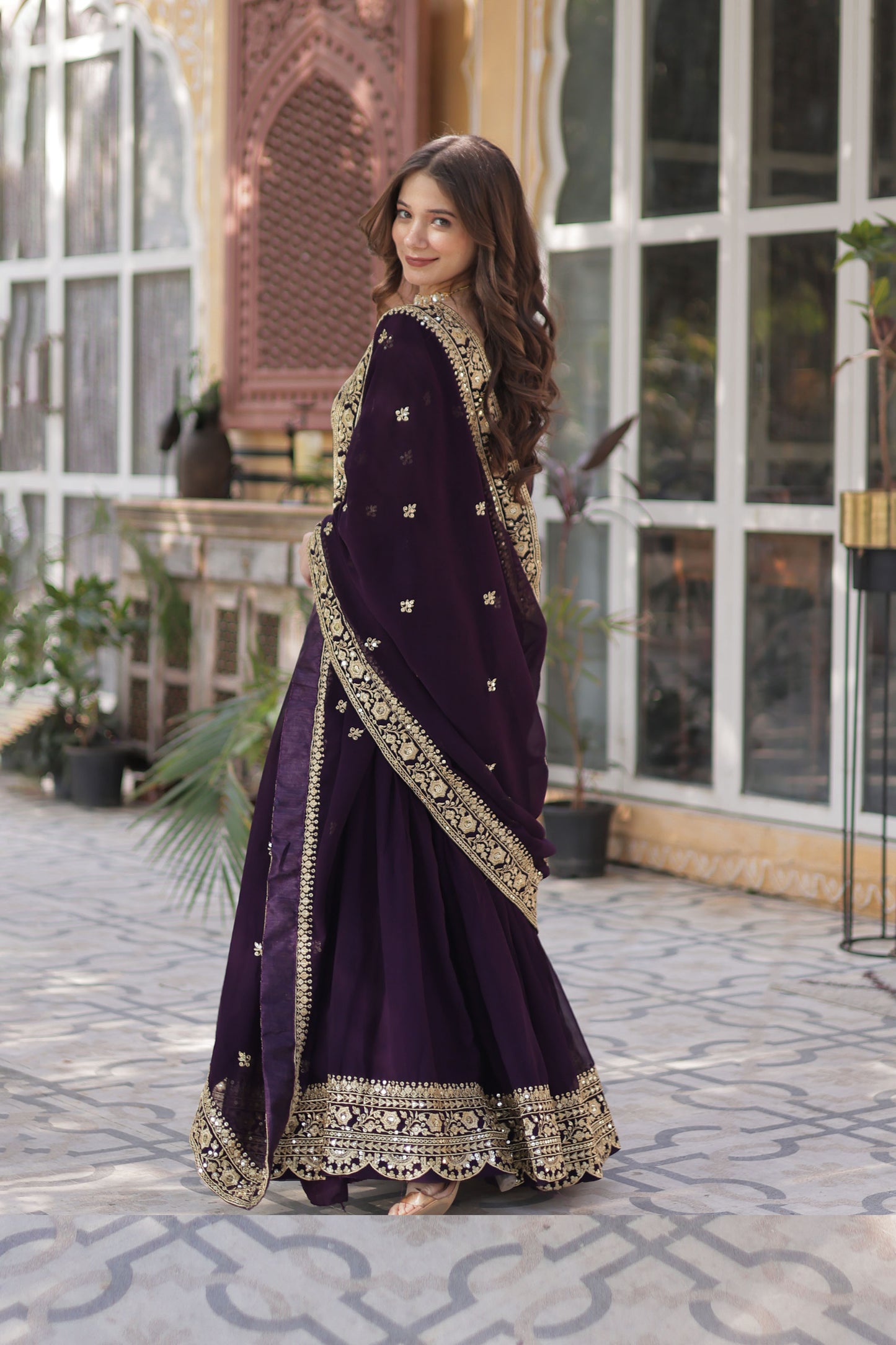Nazeera Wine Faux Blooming Embroidered Gown With Dupatta