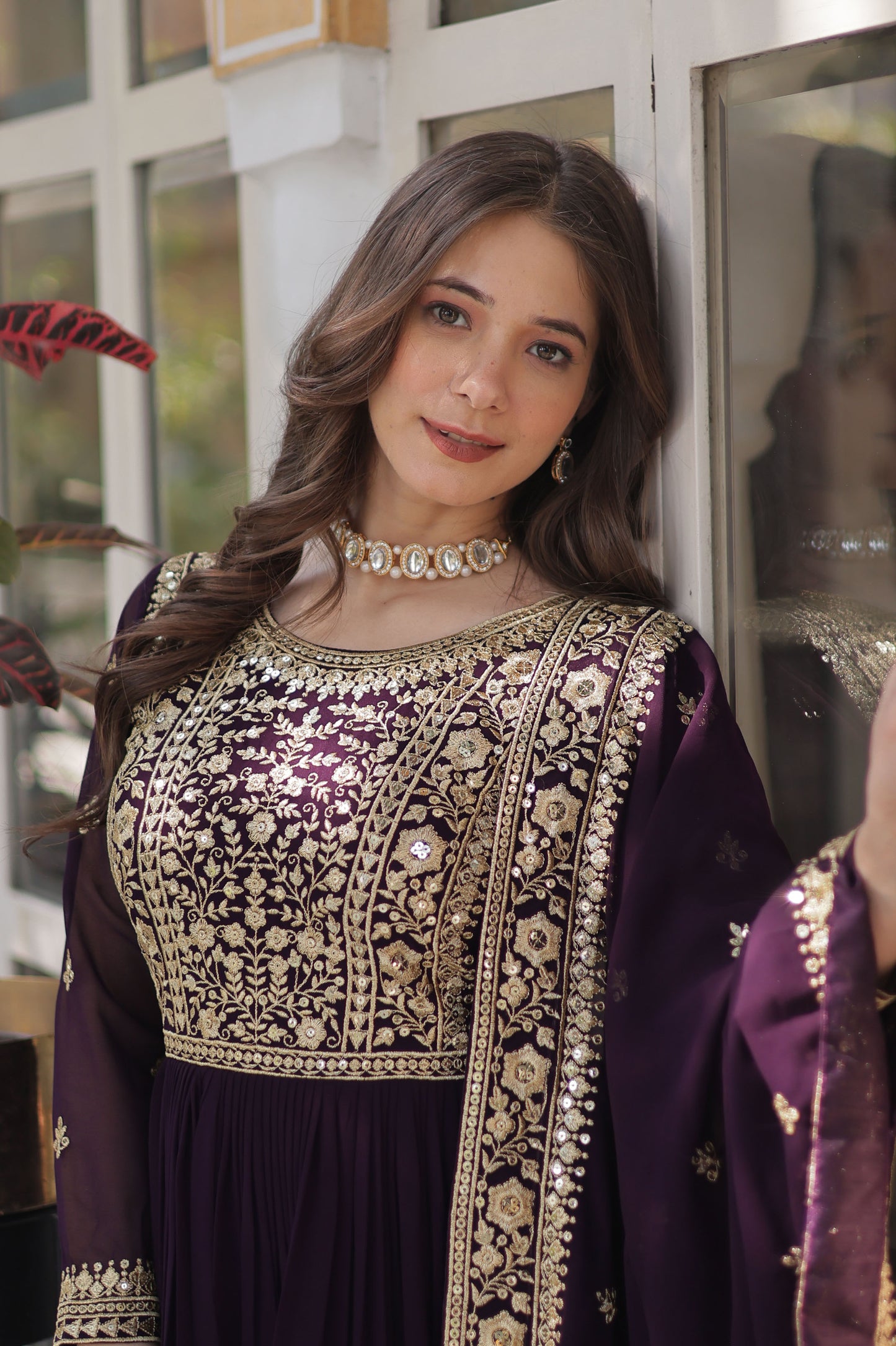 Nazeera Wine Faux Blooming Embroidered Gown With Dupatta