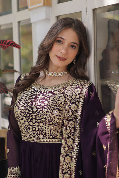 Nazeera Wine Faux Blooming Embroidered Gown With Dupatta