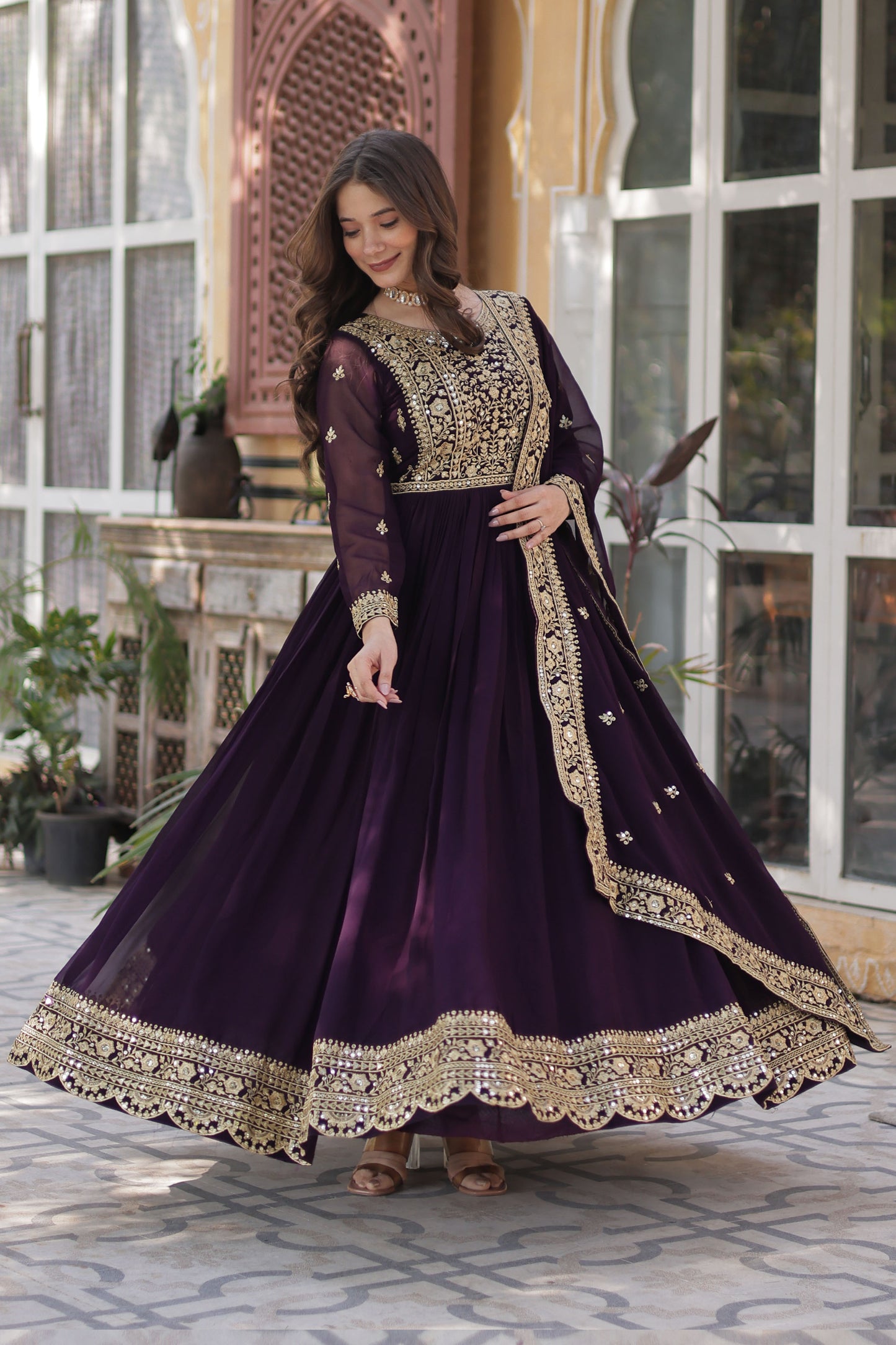 Nazeera Wine Faux Blooming Embroidered Gown With Dupatta