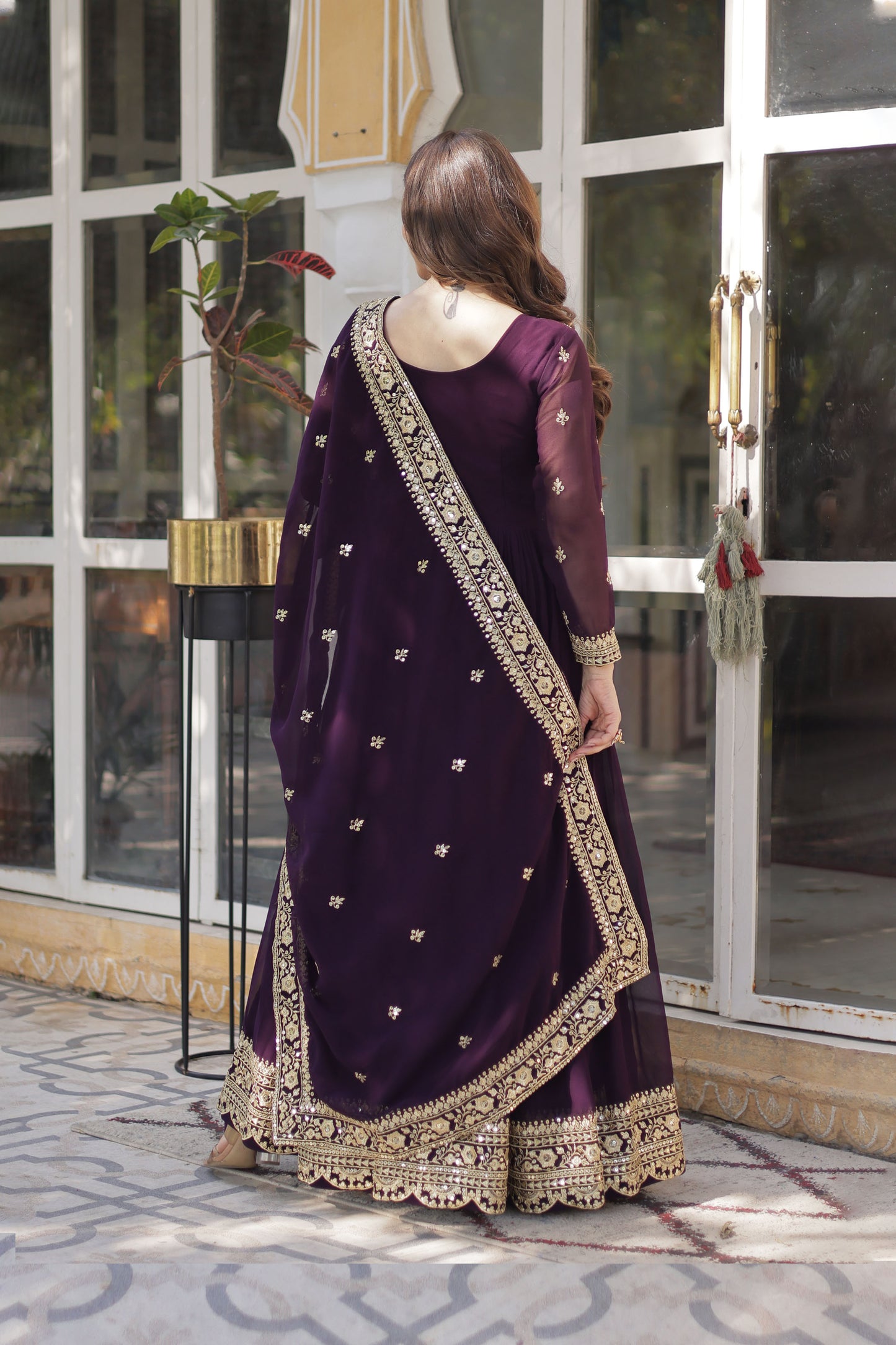 Nazeera Wine Faux Blooming Embroidered Gown With Dupatta
