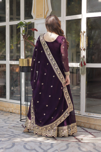 Nazeera Wine Faux Blooming Embroidered Gown With Dupatta
