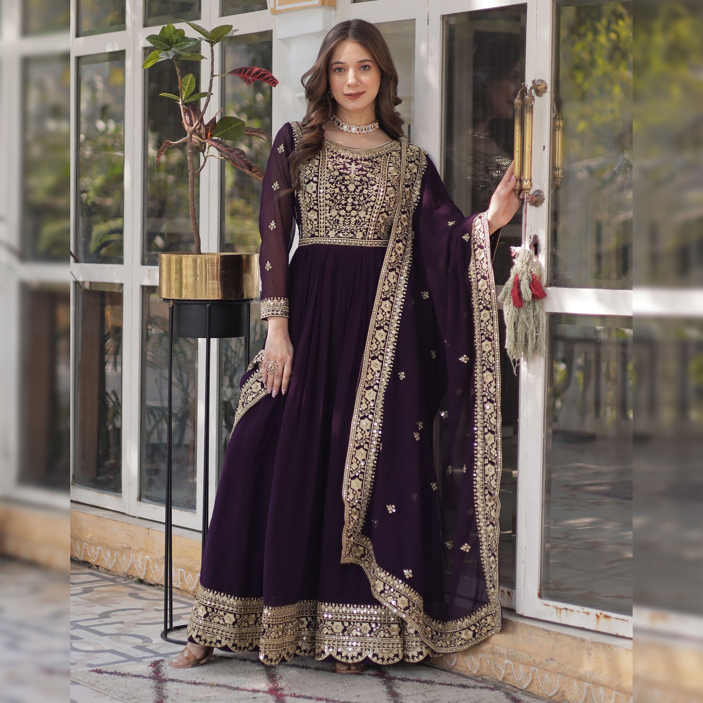Nazeera Wine Faux Blooming Embroidered Gown With Dupatta