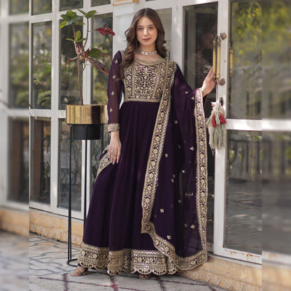 Nazeera Wine Faux Blooming Embroidered Gown With Dupatta