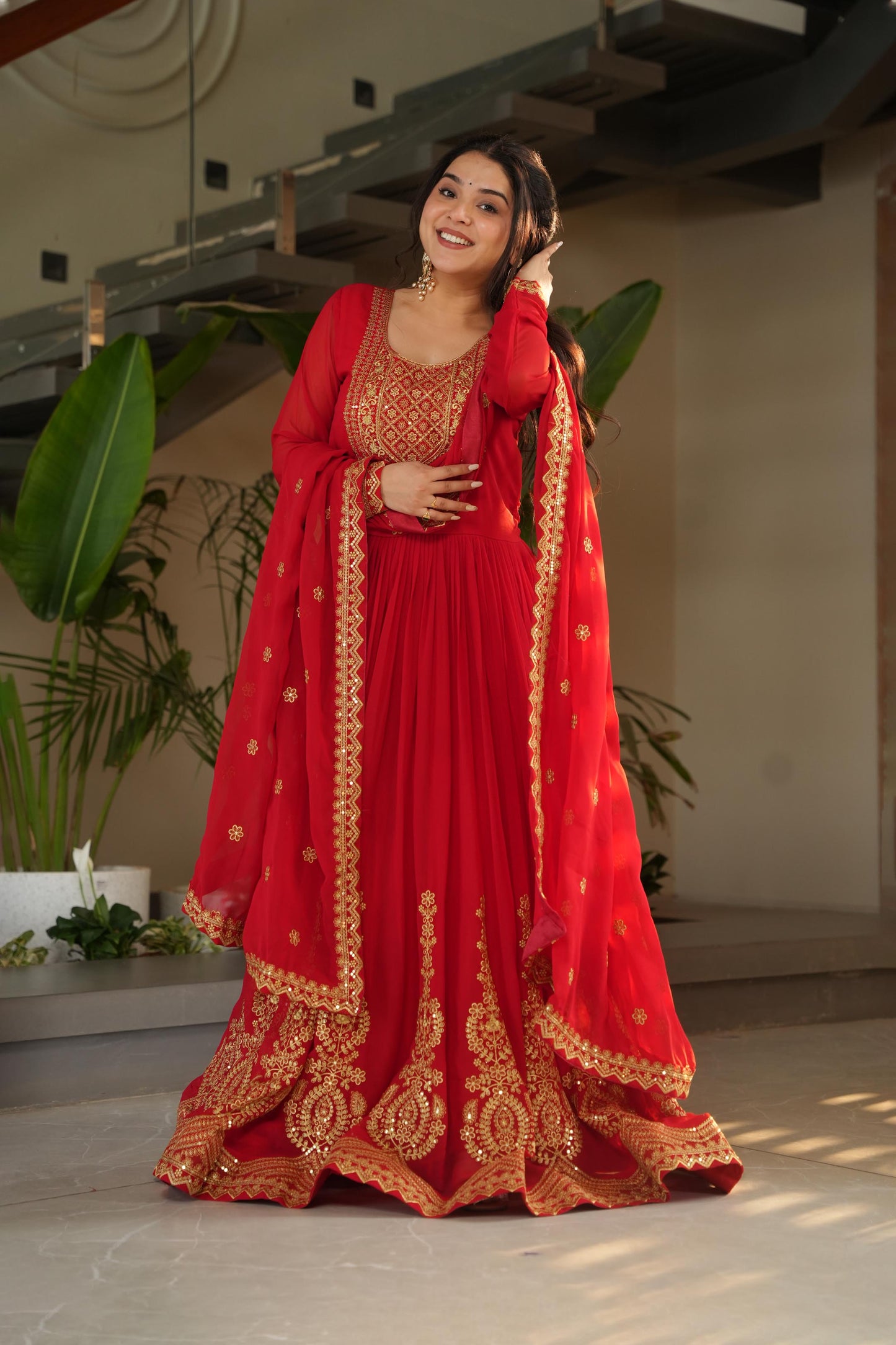 Aarohi Scarlet Flow Embroidered Gown