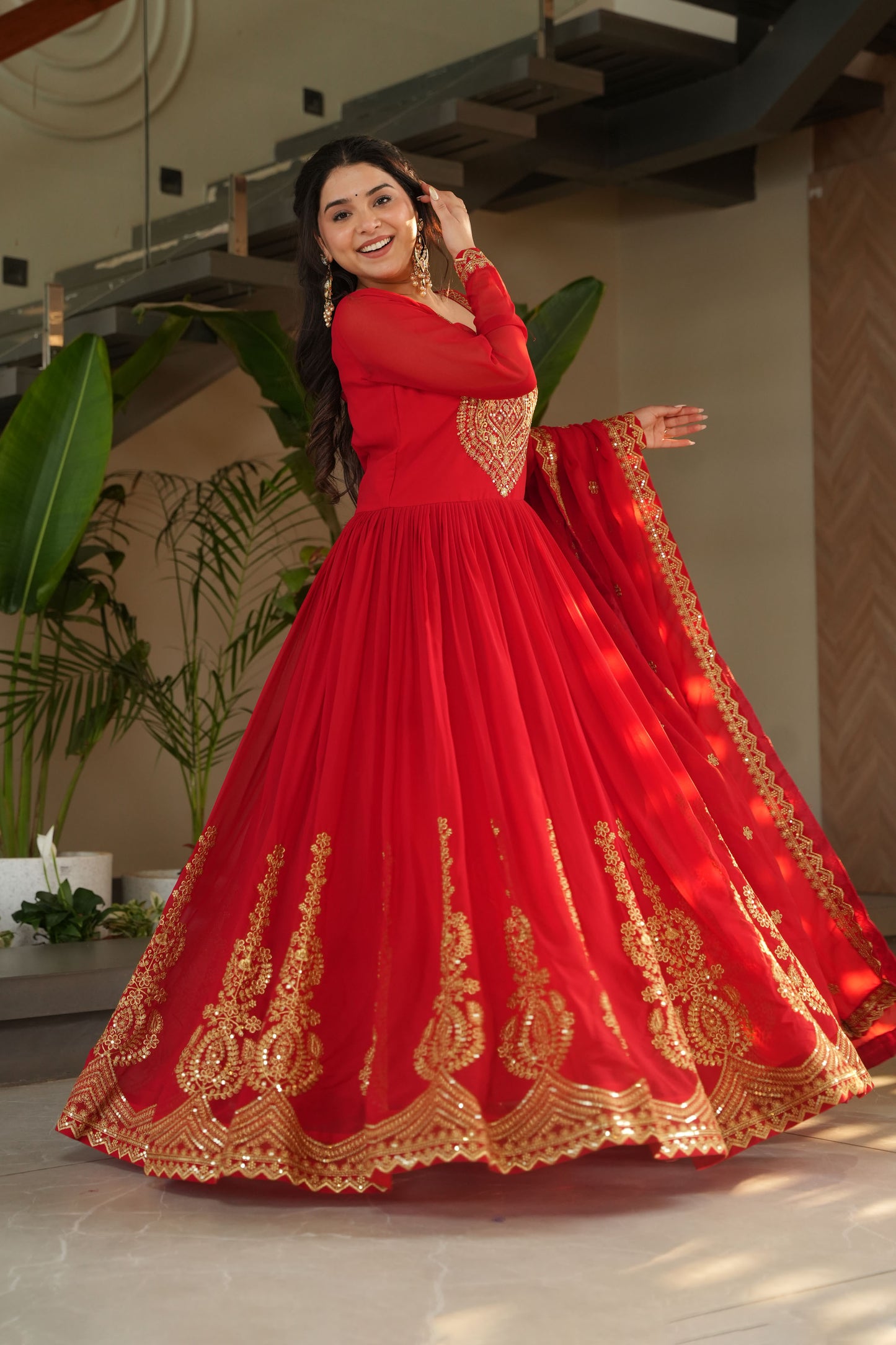 Aarohi Scarlet Flow Embroidered Gown