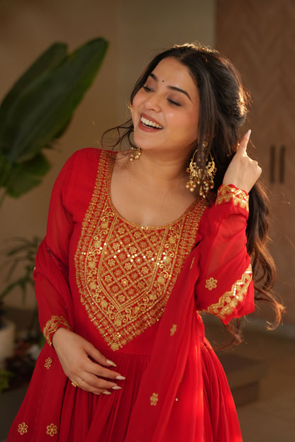Aarohi Scarlet Flow Embroidered Gown