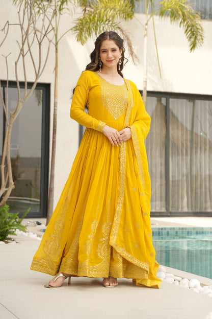 Suryani Mustard Yellow Embroidered Gown