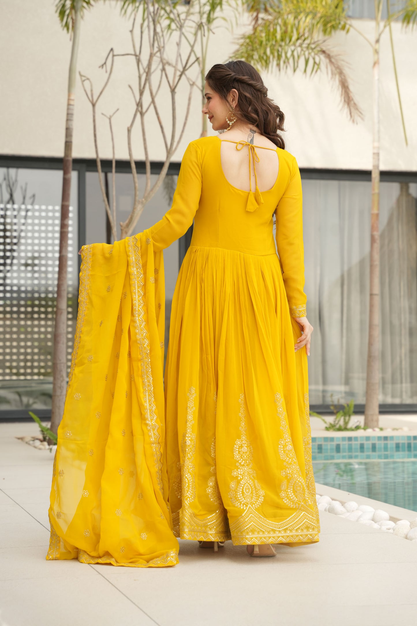 Suryani Mustard Yellow Embroidered Gown