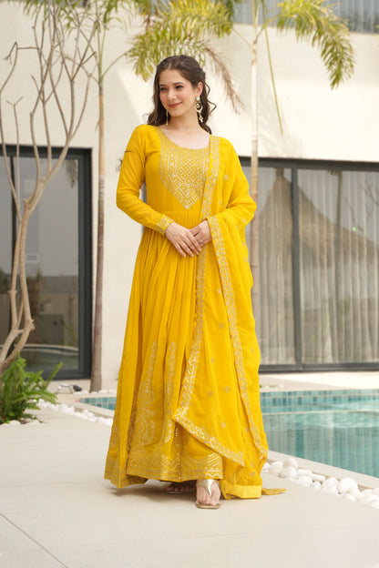 Suryani Mustard Yellow Embroidered Gown