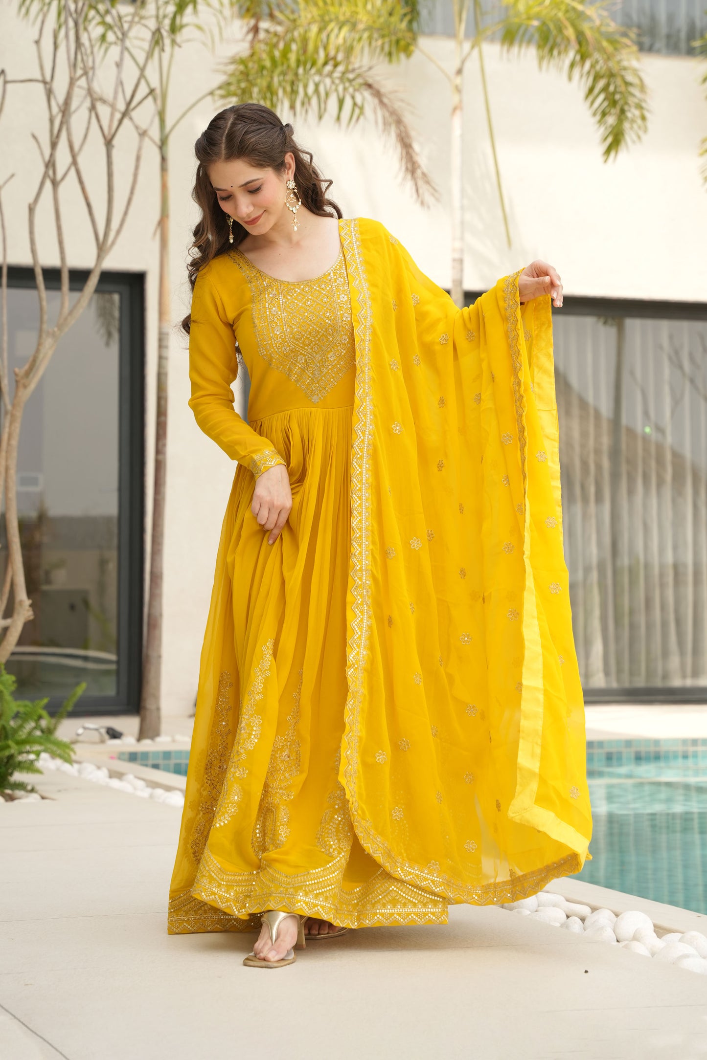 Suryani Mustard Yellow Embroidered Gown